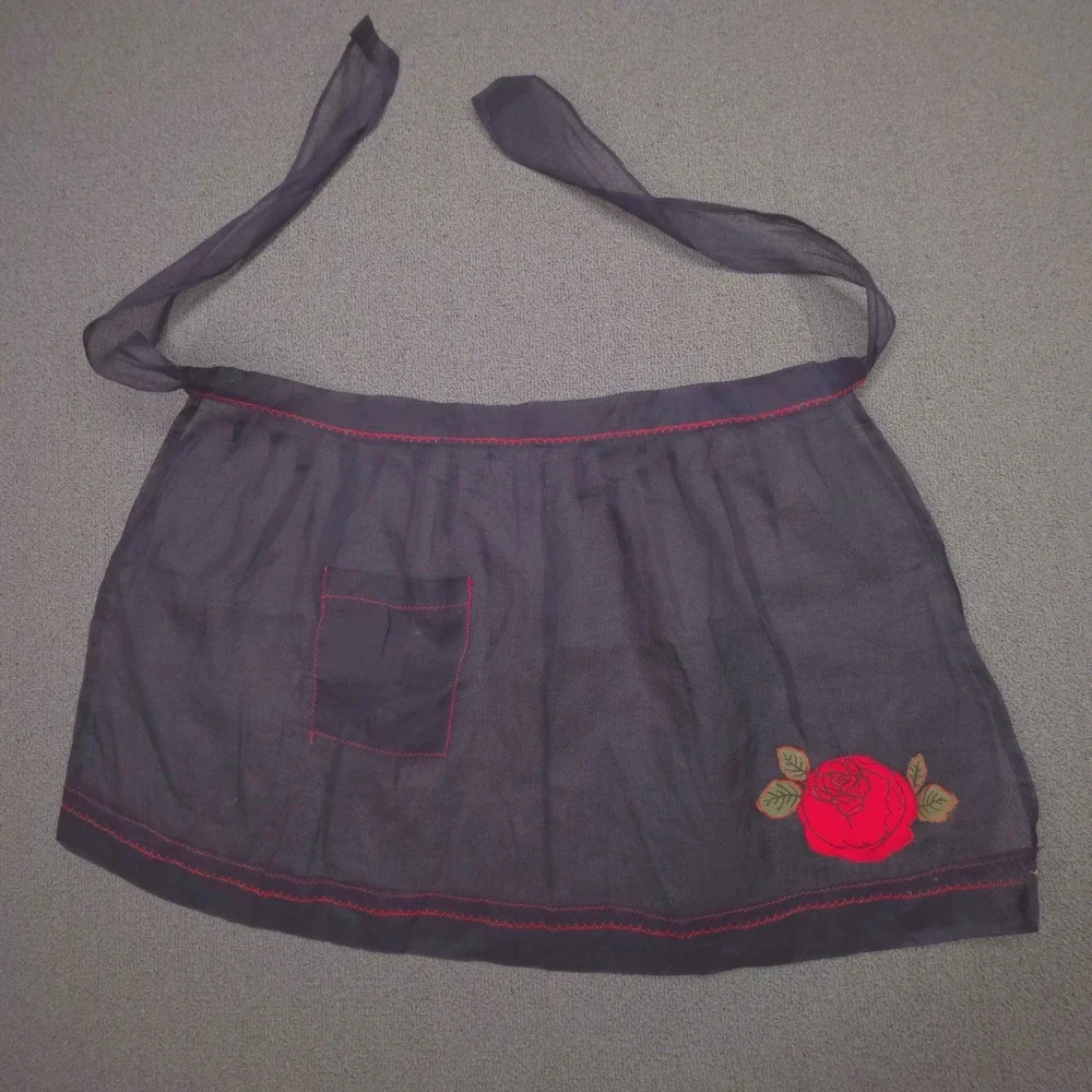 Vintage Black Sheer Half Apron Red Rose Applique‎ Contrast Stitch Pocket Retro